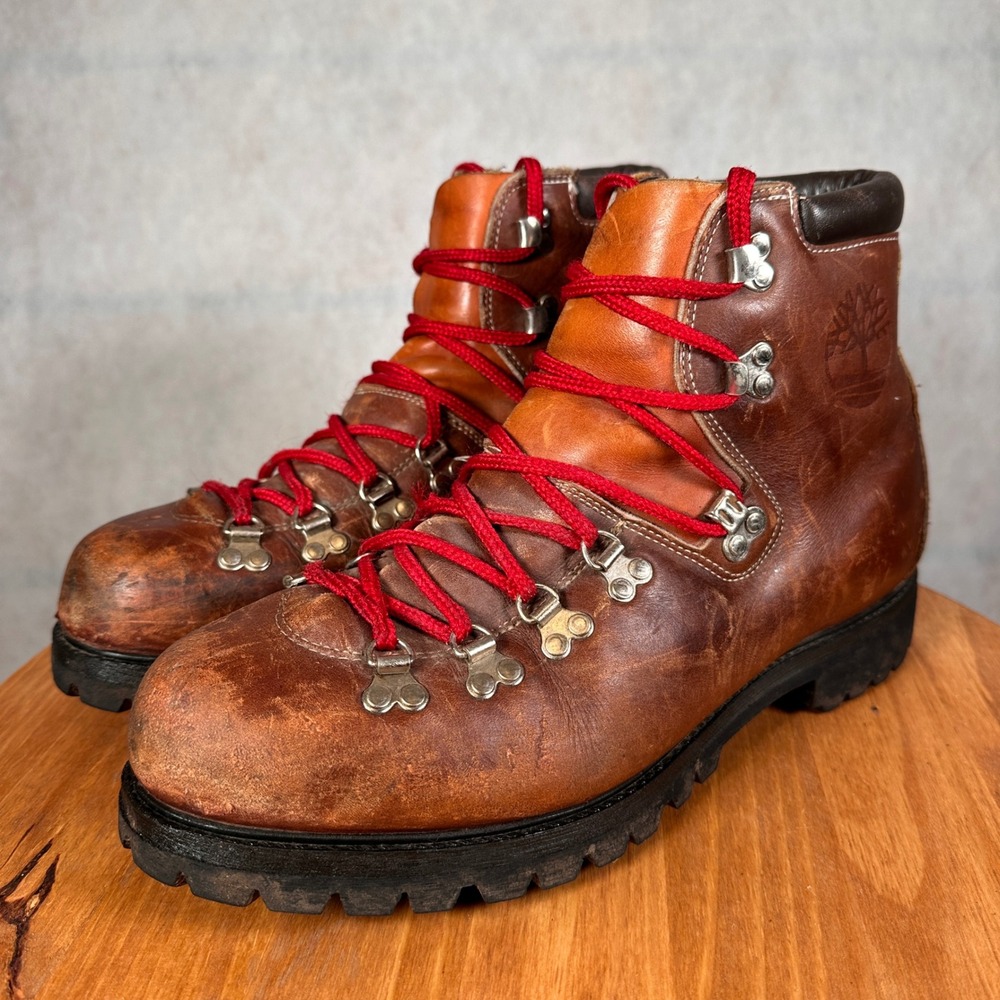 Timberland World Hiker Boots Mens Size 13 Brown Good Vintage Leather Red Laces